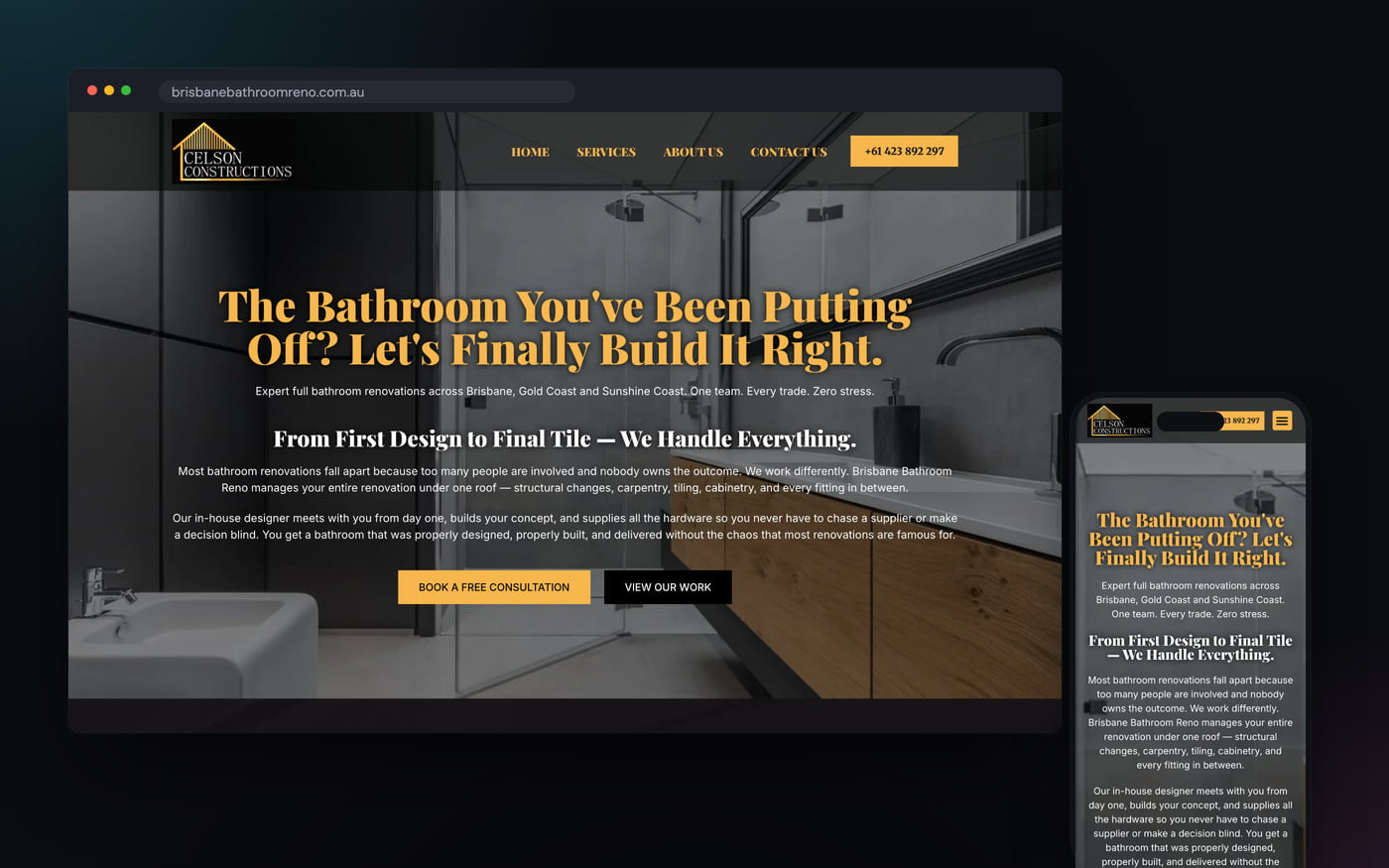 Website built by GalaxyWeb for Brisbane Bathroom Reno, shown on desktop and mobile