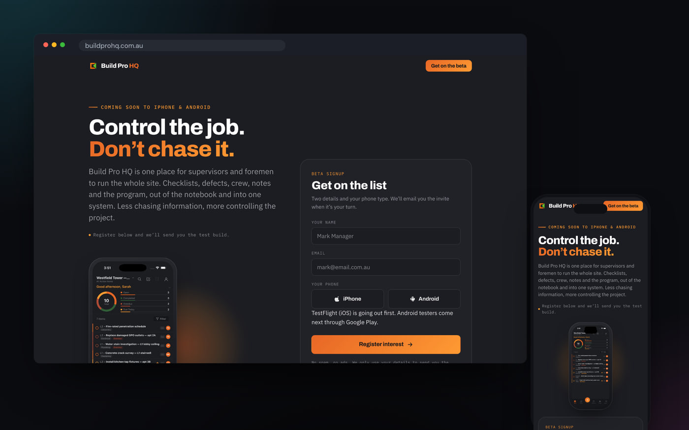 Website built by GalaxyWeb for Build Pro HQ, shown on desktop and mobile