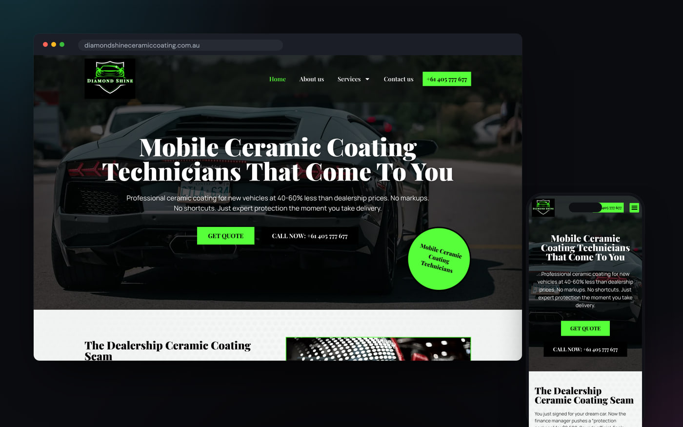 Website built by GalaxyWeb for Diamond Shine Car Paint Protection, shown on desktop and mobile