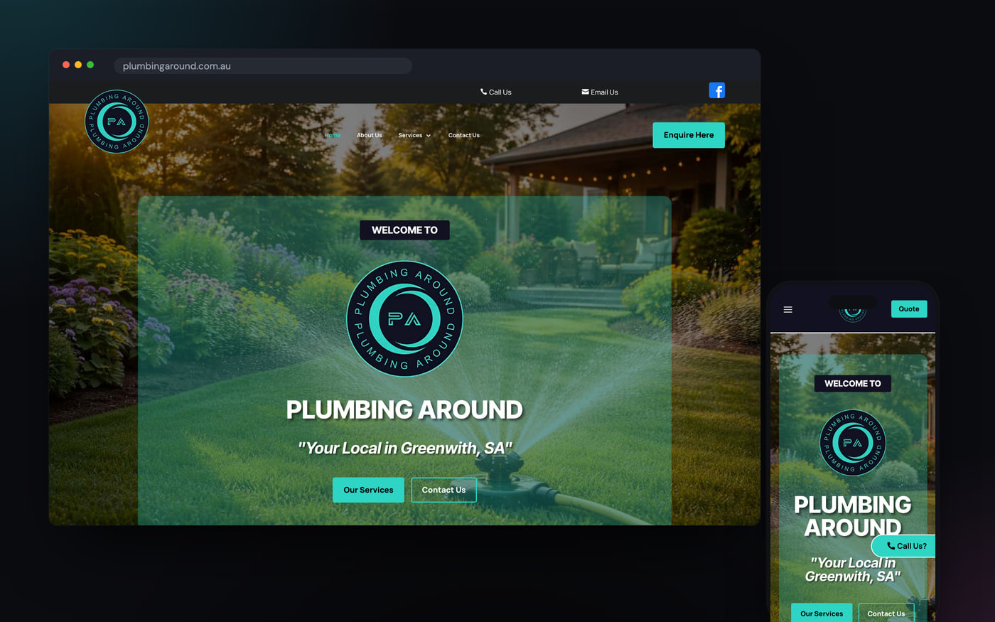 Website built by GalaxyWeb for Plumbing Around, shown on desktop and mobile