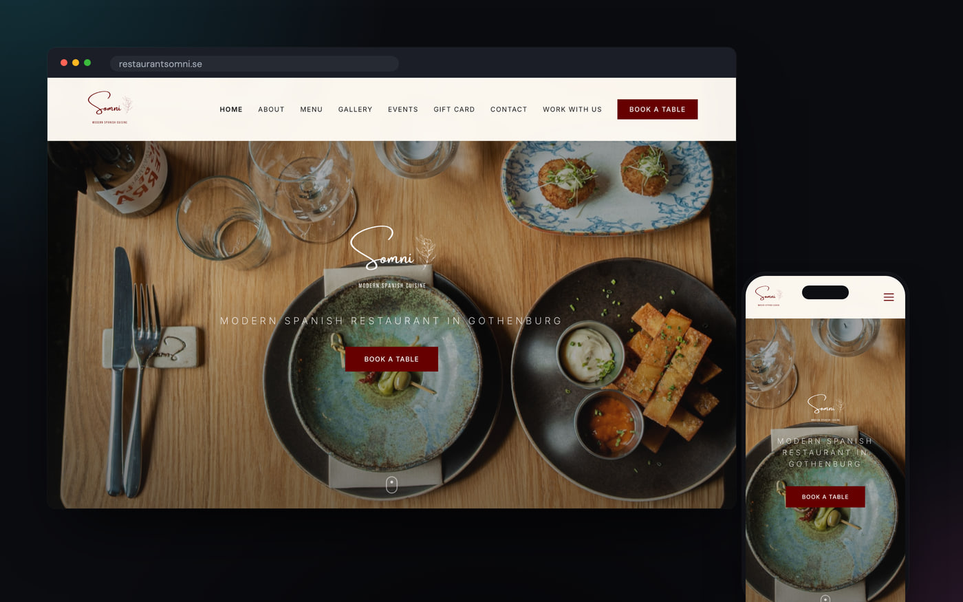 Website built by GalaxyWeb for Restaurant Somni, shown on desktop and mobile