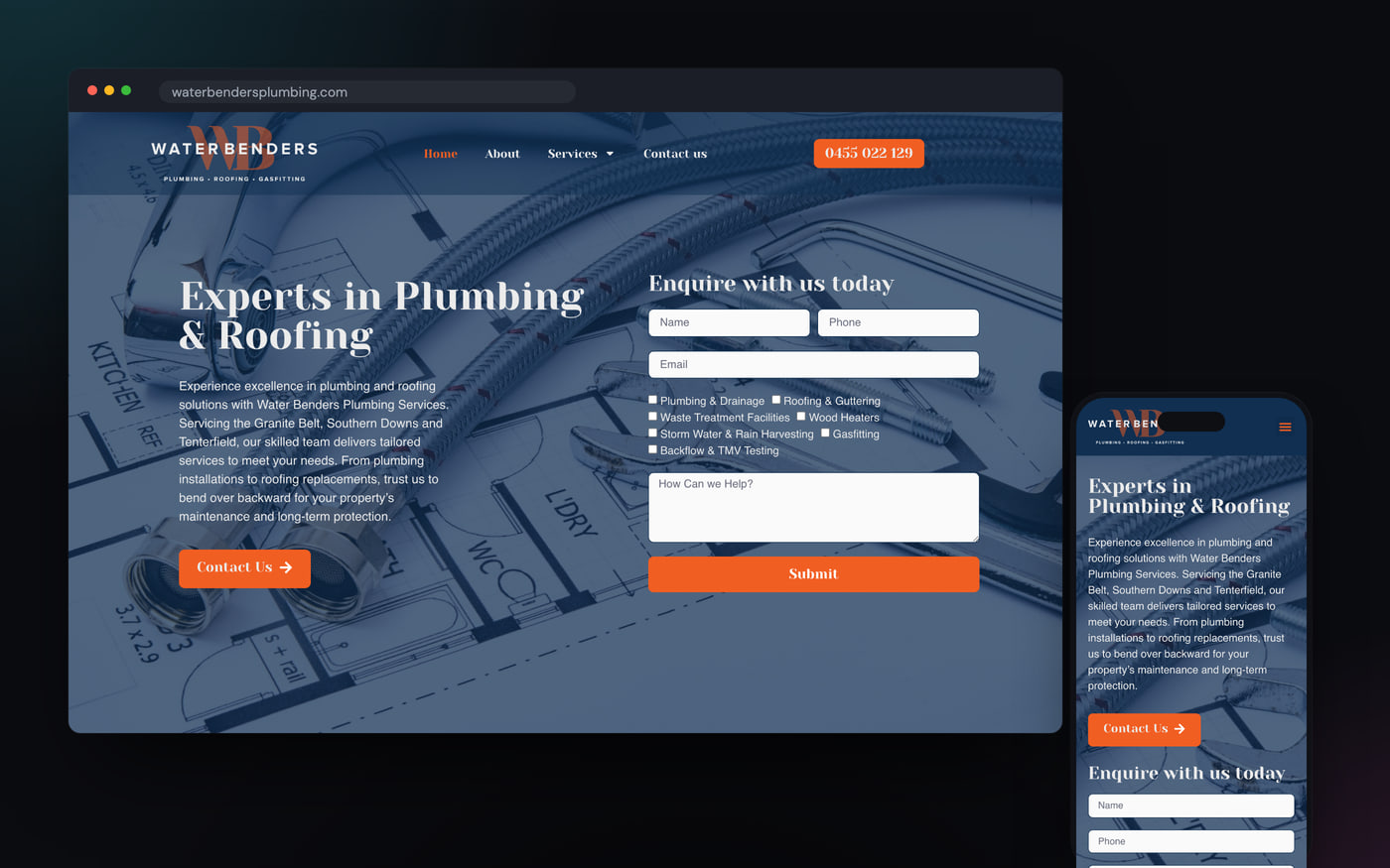 Website built by GalaxyWeb for Water Benders Plumbing, shown on desktop and mobile